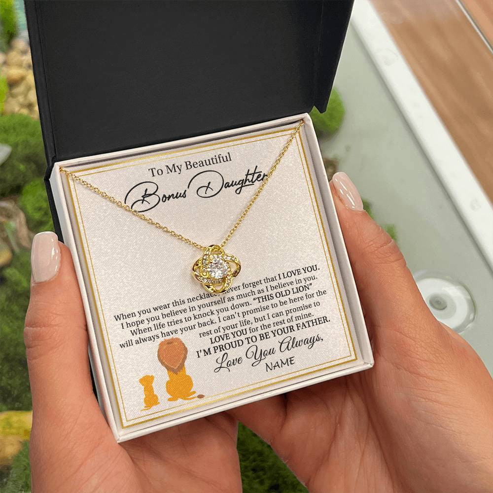 Love Knot Necklace 18K Yellow Gold Finish | 2 | Personalized To My Bonus Daughter Necklace From Stepdad I'M Proud To Be Your Father Lion Stepdaughter Birthday Christmas Customized Gift Box Message Card | siriusteestore
