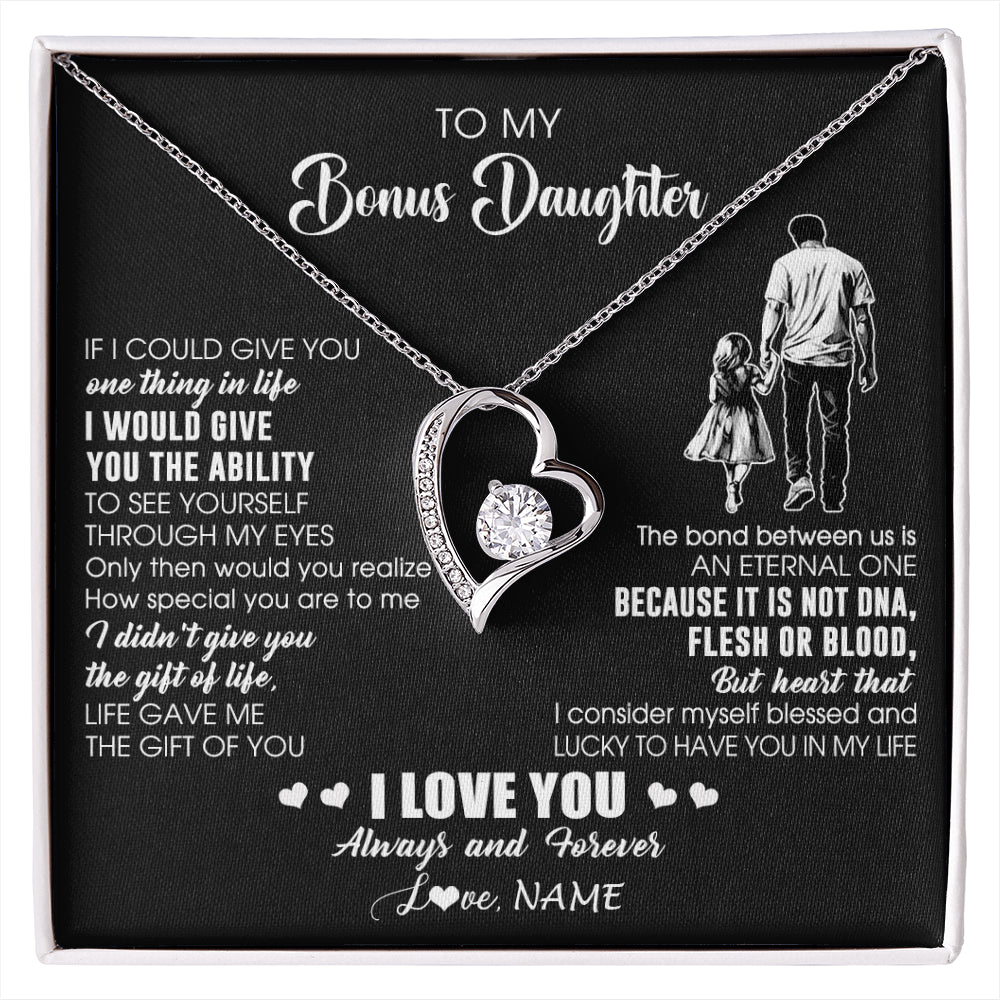 Forever Love Necklace 14K White Gold Finish | 1 | Personalized To My Bonus Daughter Necklace From Stepdad It Is Not DNA I Love You Birthday Gifts Meaningful Christmas Customized Gift Box Message Card | siriusteestore