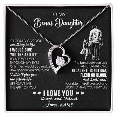 Forever Love Necklace 14K White Gold Finish | 1 | Personalized To My Bonus Daughter Necklace From Stepdad It Is Not DNA I Love You Birthday Gifts Meaningful Christmas Customized Gift Box Message Card | siriusteestore