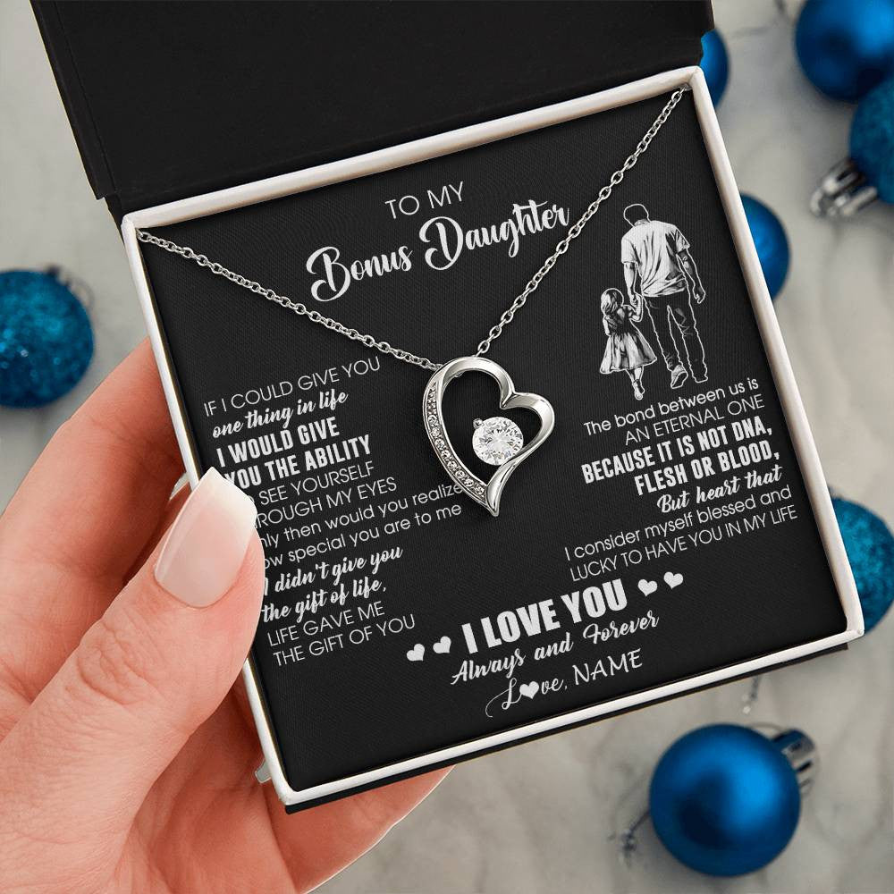 Forever Love Necklace 14K White Gold Finish | 2 | Personalized To My Bonus Daughter Necklace From Stepdad It Is Not DNA I Love You Birthday Gifts Meaningful Christmas Customized Gift Box Message Card | siriusteestore