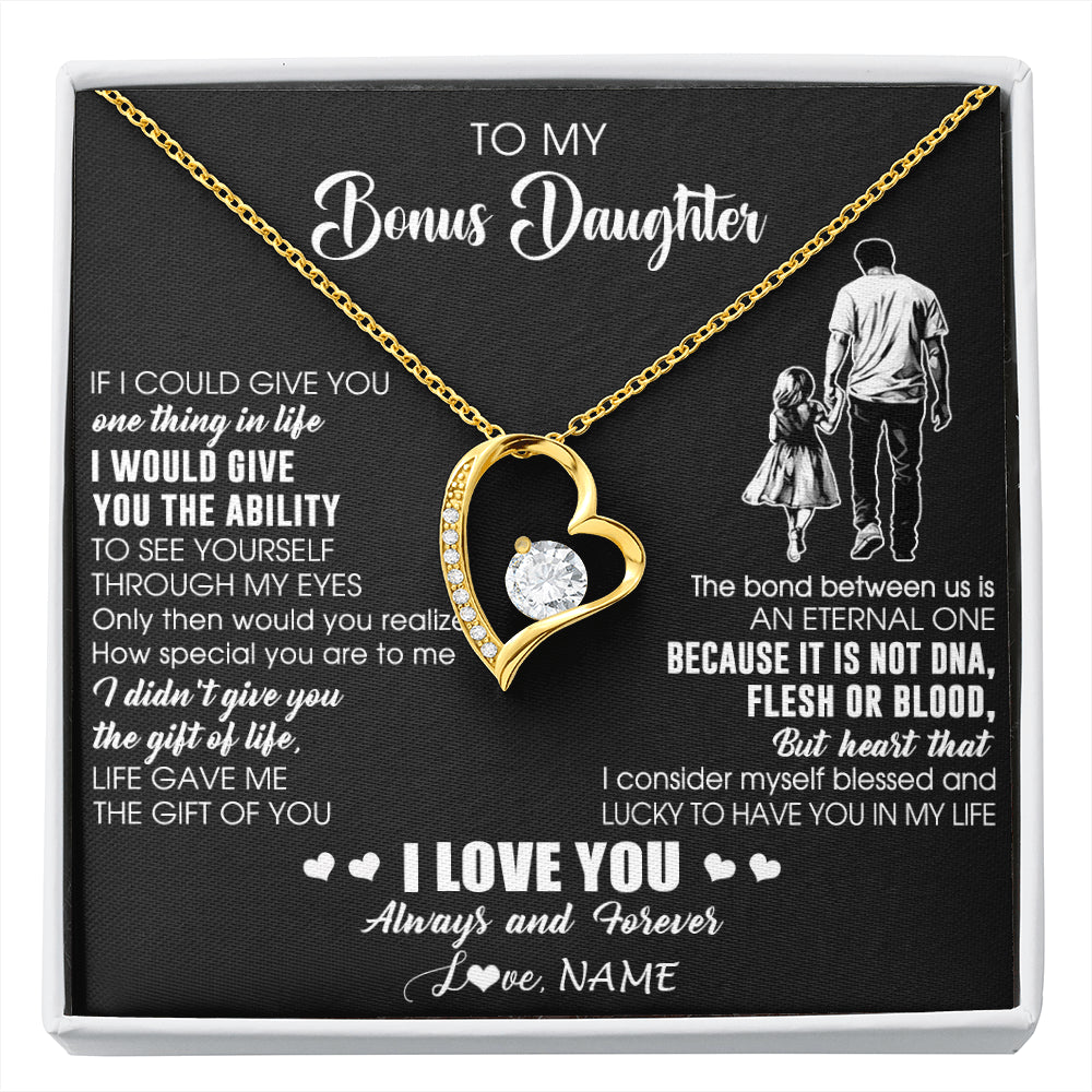 Forever Love Necklace 18K Yellow Gold Finish | 1 | Personalized To My Bonus Daughter Necklace From Stepdad It Is Not DNA I Love You Birthday Gifts Meaningful Christmas Customized Gift Box Message Card | siriusteestore