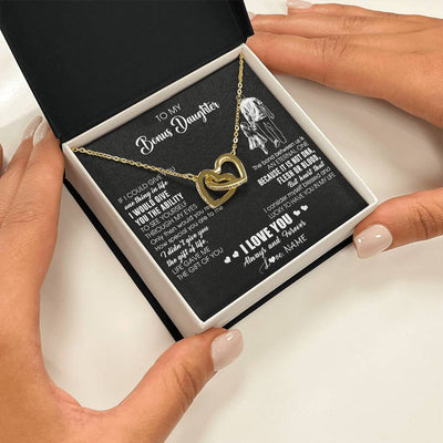 Interlocking Hearts Necklace 18K Yellow Gold Finish | 2 | Personalized To My Bonus Daughter Necklace From Stepdad It Is Not DNA I Love You Birthday Gifts Meaningful Christmas Customized Gift Box Message Card | siriusteestore