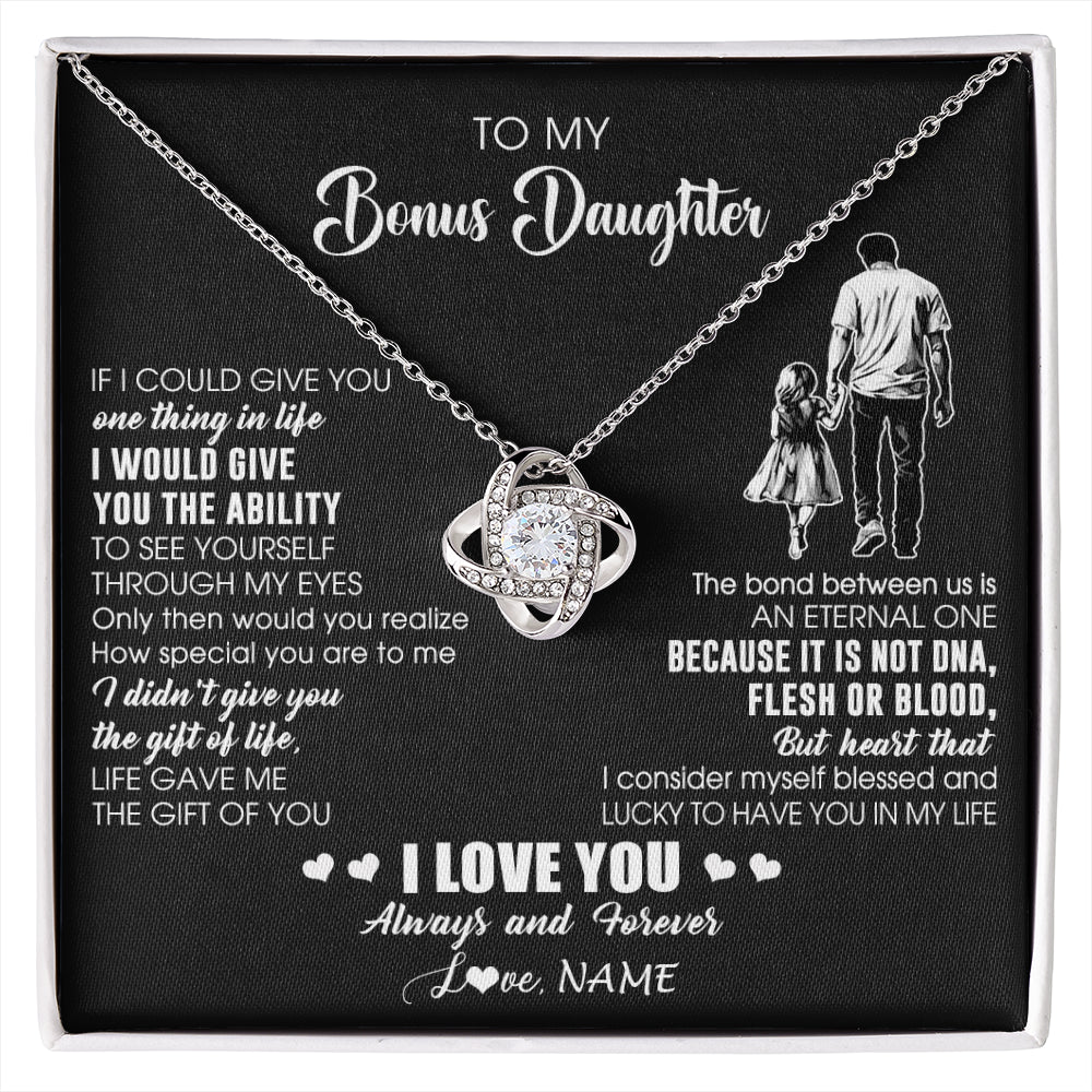 Love Knot Necklace 14K White Gold Finish | 1 | Personalized To My Bonus Daughter Necklace From Stepdad It Is Not DNA I Love You Birthday Gifts Meaningful Christmas Customized Gift Box Message Card | siriusteestore