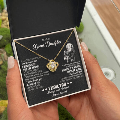 Love Knot Necklace 18K Yellow Gold Finish | 2 | Personalized To My Bonus Daughter Necklace From Stepdad It Is Not DNA I Love You Birthday Gifts Meaningful Christmas Customized Gift Box Message Card | siriusteestore