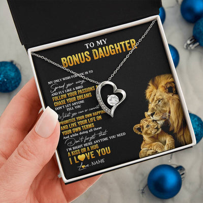 Forever Love Necklace 14K White Gold Finish | 2 | Personalized To My Bonus Daughter Necklace From Stepdad Lion My Only Wish For You Stepdaughter Birthday Graduation Christmas Customized Gift Box Message Card | siriusteestore
