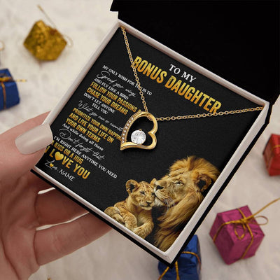 Forever Love Necklace 18K Yellow Gold Finish | 2 | Personalized To My Bonus Daughter Necklace From Stepdad Lion My Only Wish For You Stepdaughter Birthday Graduation Christmas Customized Gift Box Message Card | siriusteestore