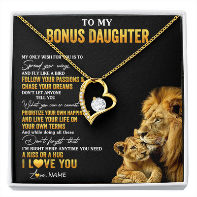 Forever Love Necklace 18K Yellow Gold Finish | 1 | Personalized To My Bonus Daughter Necklace From Stepdad Lion My Only Wish For You Stepdaughter Birthday Graduation Christmas Customized Gift Box Message Card | siriusteestore