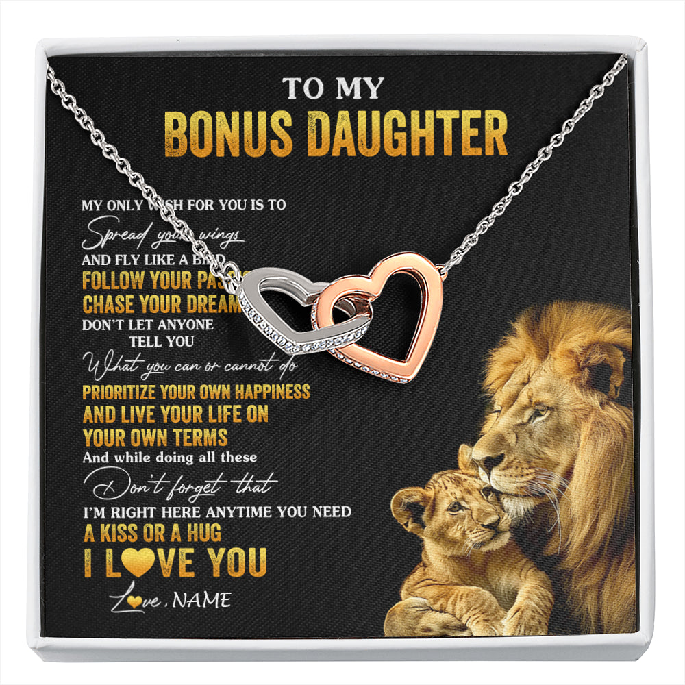 Interlocking Hearts Necklace Stainless Steel & Rose Gold Finish | 1 | Personalized To My Bonus Daughter Necklace From Stepdad Lion My Only Wish For You Stepdaughter Birthday Graduation Christmas Customized Gift Box Message Card | siriusteestore