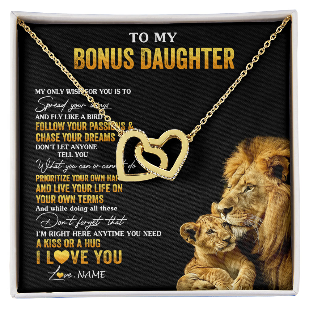 Interlocking Hearts Necklace 18K Yellow Gold Finish | 1 | Personalized To My Bonus Daughter Necklace From Stepdad Lion My Only Wish For You Stepdaughter Birthday Graduation Christmas Customized Gift Box Message Card | siriusteestore
