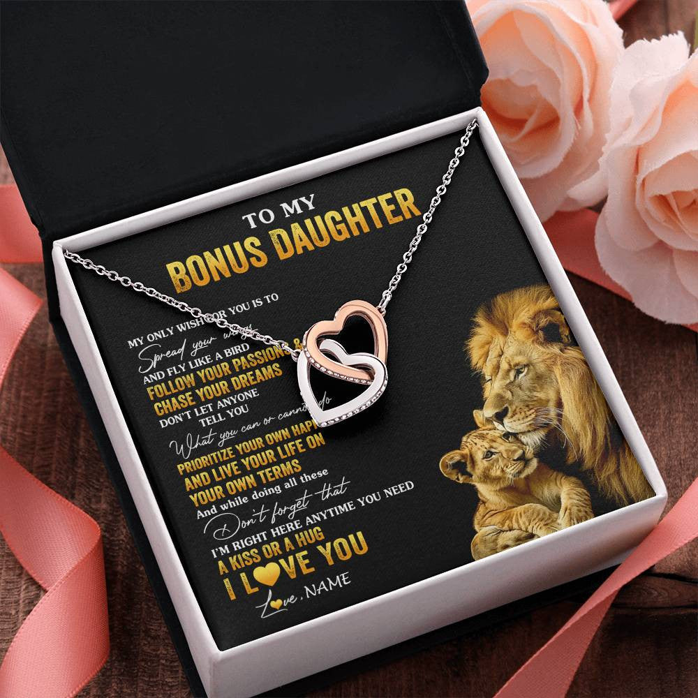 Interlocking Hearts Necklace Stainless Steel & Rose Gold Finish | 2 | Personalized To My Bonus Daughter Necklace From Stepdad Lion My Only Wish For You Stepdaughter Birthday Graduation Christmas Customized Gift Box Message Card | siriusteestore