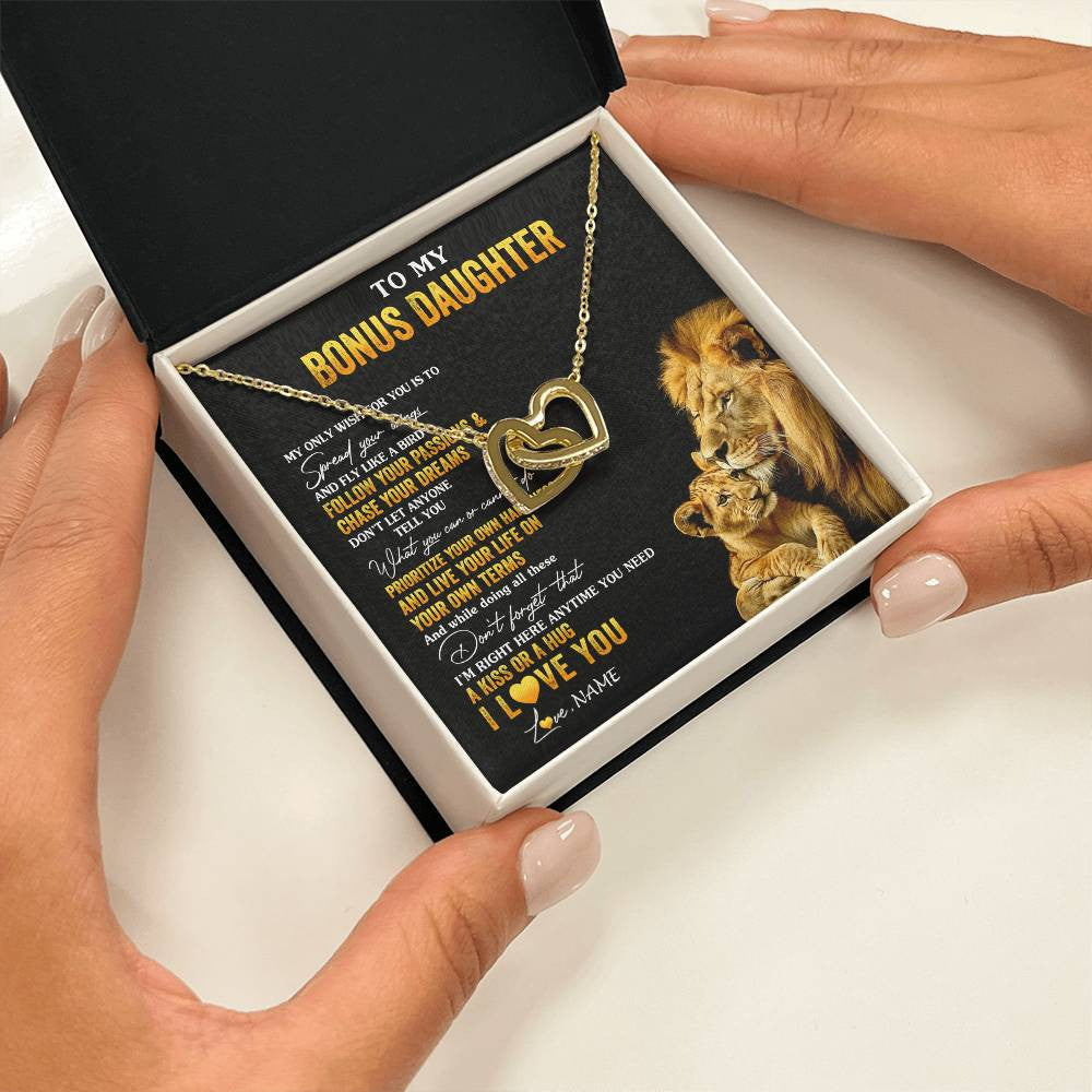 Interlocking Hearts Necklace 18K Yellow Gold Finish | 2 | Personalized To My Bonus Daughter Necklace From Stepdad Lion My Only Wish For You Stepdaughter Birthday Graduation Christmas Customized Gift Box Message Card | siriusteestore