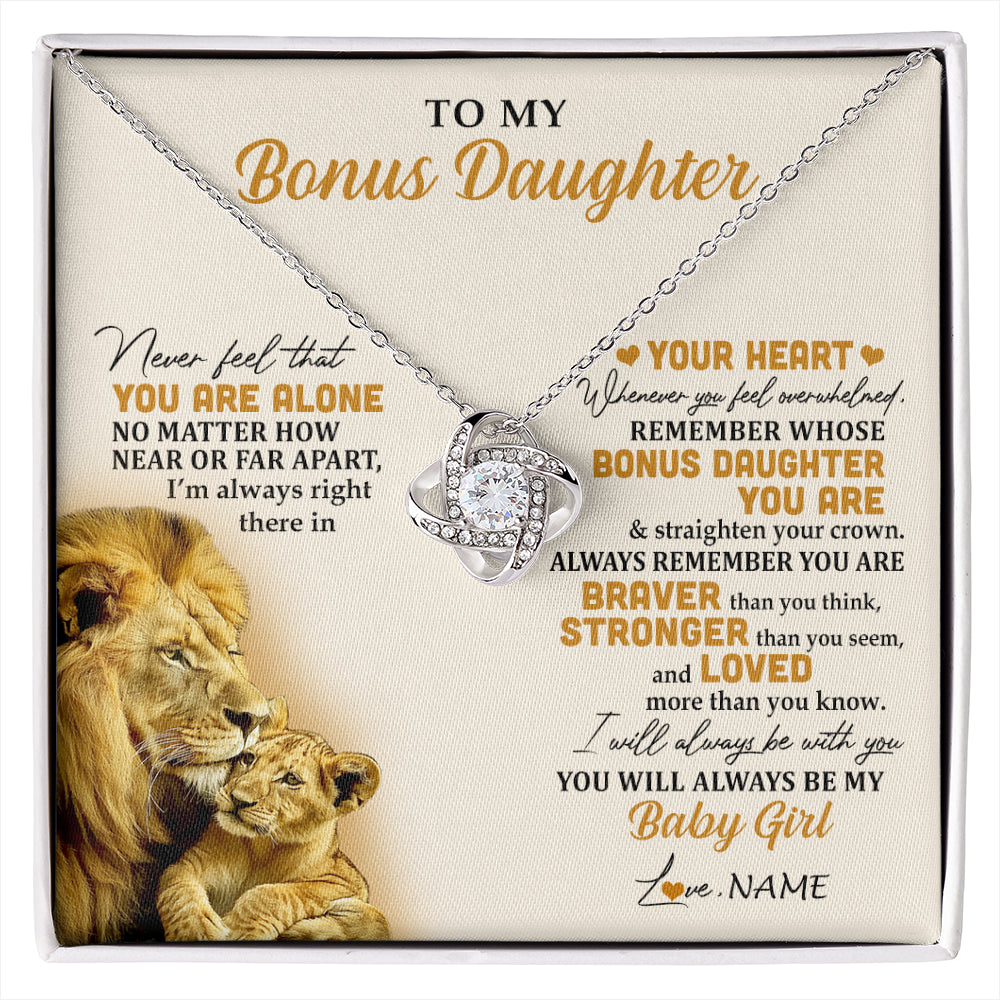 Love Knot Necklace 14K White Gold Finish | 1 | Personalized To My Bonus Daughter Necklace From Stepdad Lion Never Feel You Are Alone Great Stepdaughter Birthday Christmas Customized Gift Box Message Card | siriusteestore