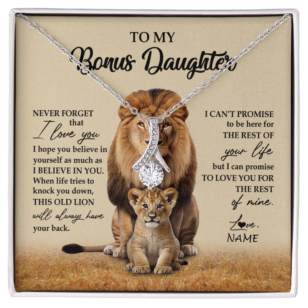 Alluring Beauty Necklace 14K White Gold Finish | 1 | Personalized To My Bonus Daughter Necklace From Stepdad Lion Never Forget That I Love You Stepdaughter Jewelry Birthday Christmas Customized Message Card | siriusteestore