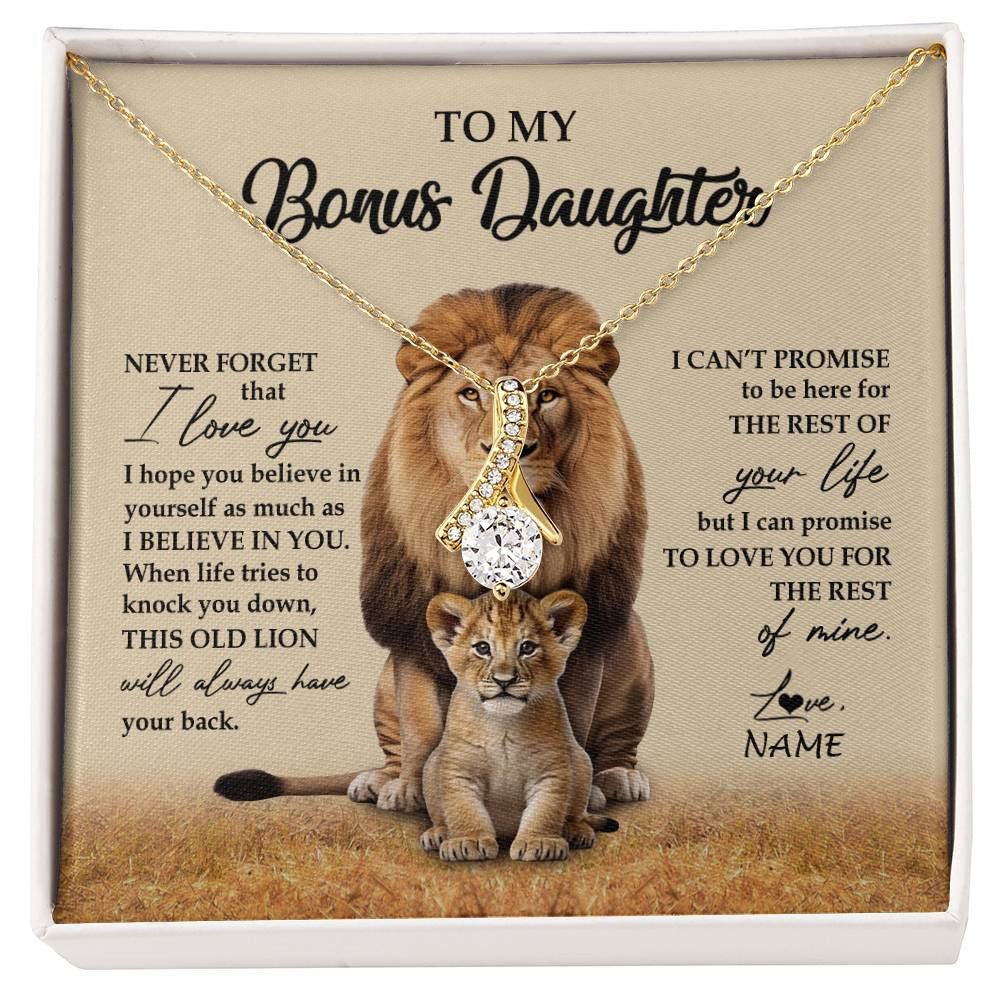 Alluring Beauty Necklace 18K Yellow Gold Finish | 1 | Personalized To My Bonus Daughter Necklace From Stepdad Lion Never Forget That I Love You Stepdaughter Jewelry Birthday Christmas Customized Message Card | siriusteestore