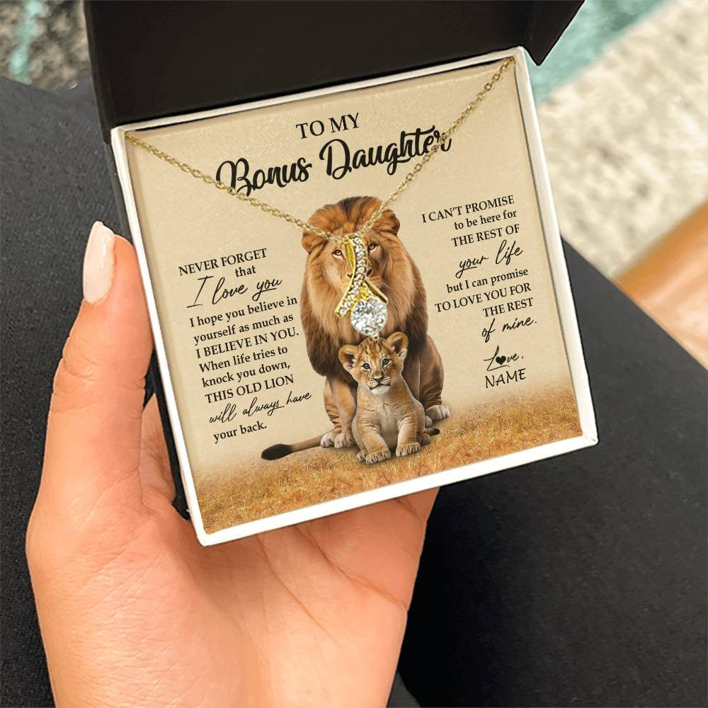 Alluring Beauty Necklace 18K Yellow Gold Finish | 2 | Personalized To My Bonus Daughter Necklace From Stepdad Lion Never Forget That I Love You Stepdaughter Jewelry Birthday Christmas Customized Message Card | siriusteestore
