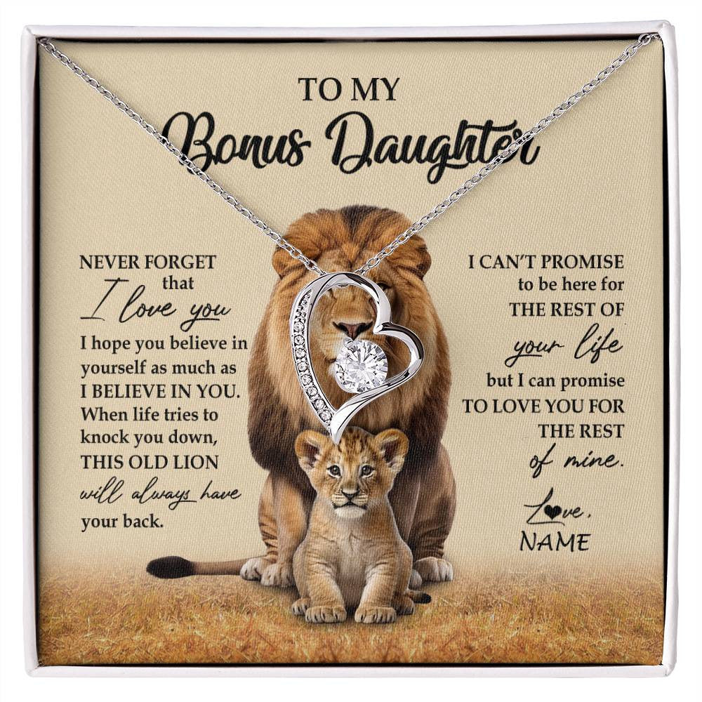 Forever Love Necklace 14K White Gold Finish | 1 | Personalized To My Bonus Daughter Necklace From Stepdad Lion Never Forget That I Love You Stepdaughter Jewelry Birthday Christmas Customized Message Card | siriusteestore