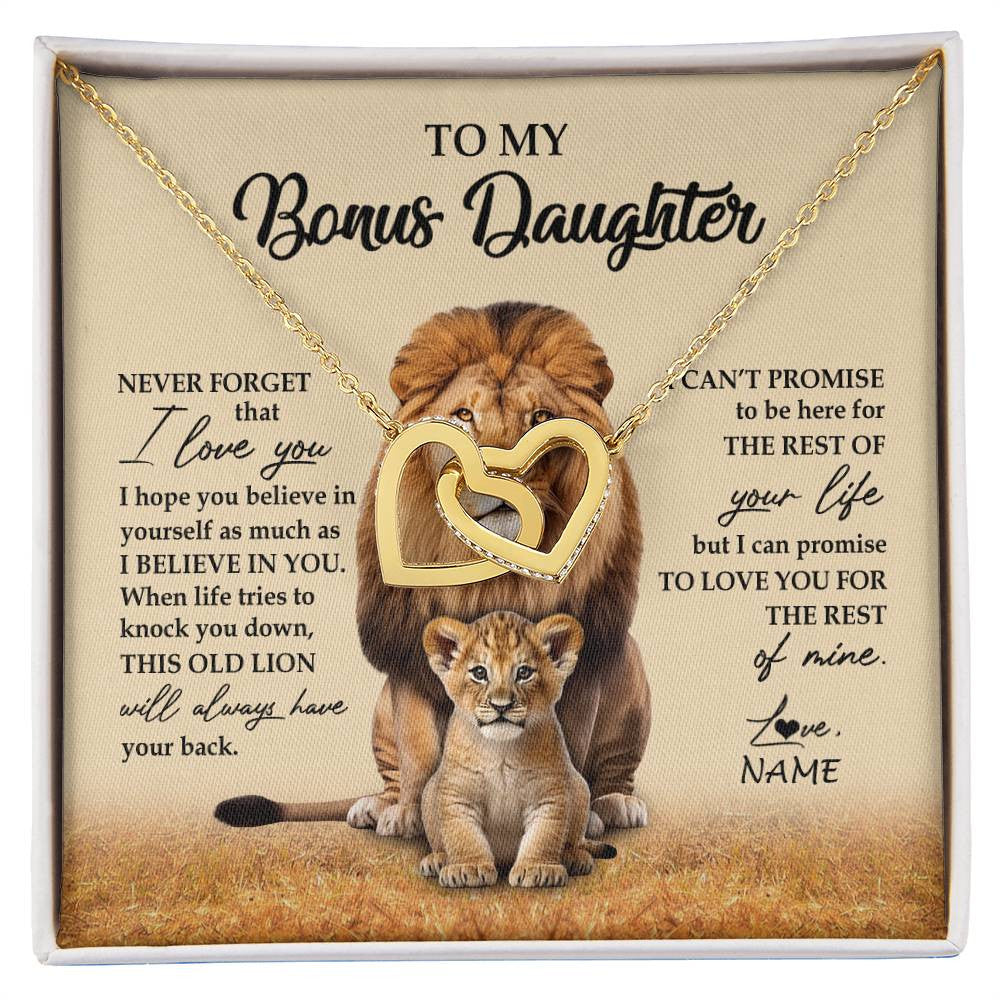 Interlocking Hearts Necklace 18K Yellow Gold Finish | 1 | Personalized To My Bonus Daughter Necklace From Stepdad Lion Never Forget That I Love You Stepdaughter Jewelry Birthday Christmas Customized Message Card | siriusteestore