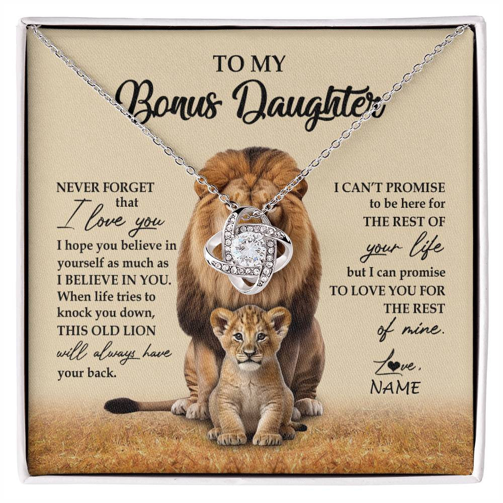 Love Knot Necklace 14K White Gold Finish | 1 | Personalized To My Bonus Daughter Necklace From Stepdad Lion Never Forget That I Love You Stepdaughter Jewelry Birthday Christmas Customized Message Card | siriusteestore