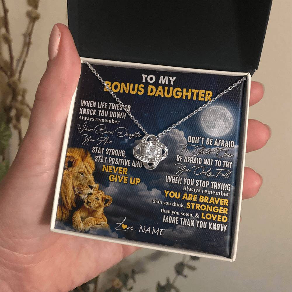 Love Knot Necklace 14K White Gold Finish | 2 | Personalized To My Bonus Daughter Necklace From Stepdad Lion Never Give Up Stepdaughter Birthday Graduation Christmas Customized Gift Box Message Card | siriusteestore