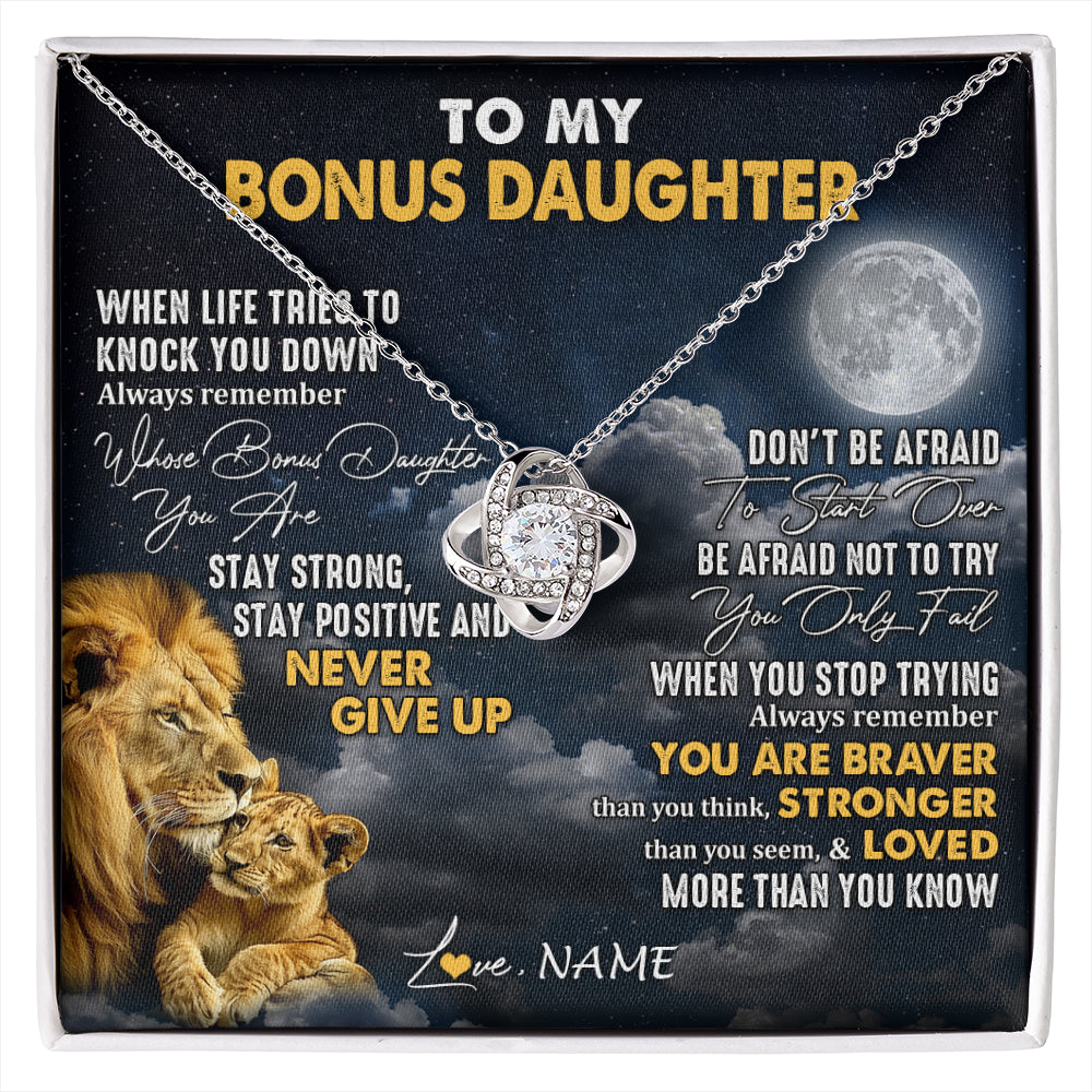 Love Knot Necklace 14K White Gold Finish | 1 | Personalized To My Bonus Daughter Necklace From Stepdad Lion Never Give Up Stepdaughter Birthday Graduation Christmas Customized Gift Box Message Card | siriusteestore