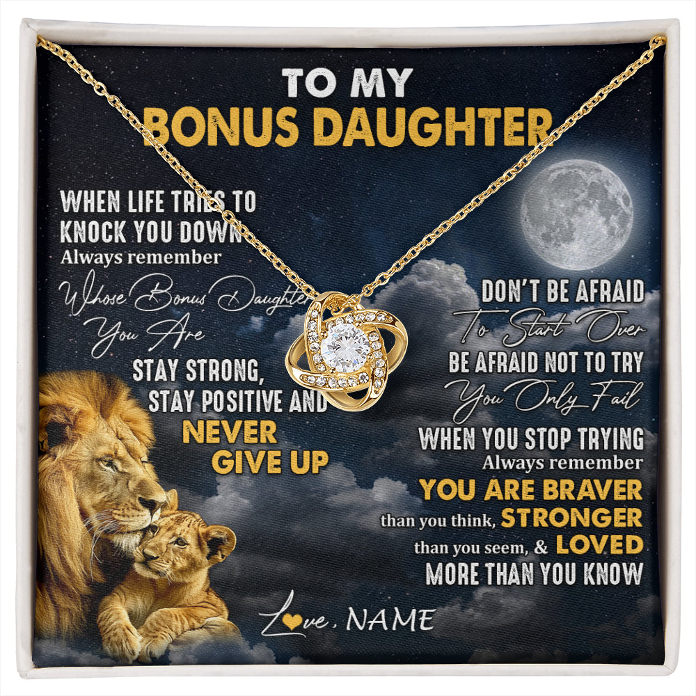 Love Knot Necklace 18K Yellow Gold Finish | 1 | Personalized To My Bonus Daughter Necklace From Stepdad Lion Never Give Up Stepdaughter Birthday Graduation Christmas Customized Gift Box Message Card | siriusteestore