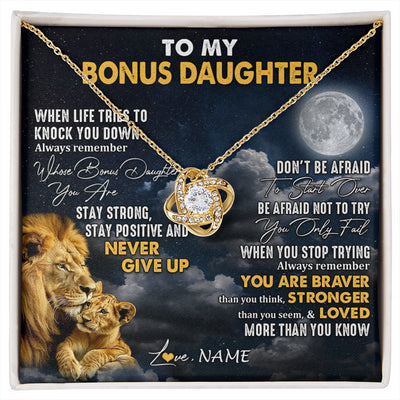 Love Knot Necklace 18K Yellow Gold Finish | 1 | Personalized To My Bonus Daughter Necklace From Stepdad Lion Never Give Up Stepdaughter Birthday Graduation Christmas Customized Gift Box Message Card | siriusteestore