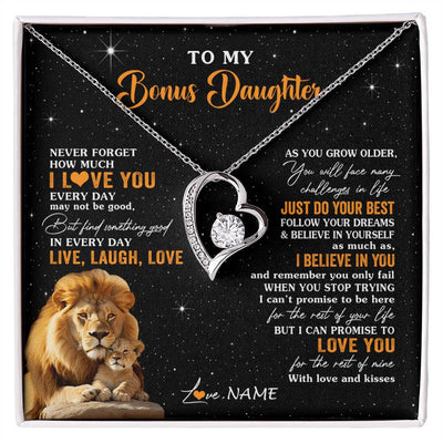 Forever Love Necklace 14K White Gold Finish | 1 | Personalized To My Bonus Daughter Necklace From Stepdad Live Laugh Love Lion Stepdaughter Birthday Gifts Positive Christmas Customized Gift Box Message Card | siriusteestore