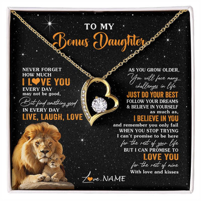 Forever Love Necklace 18K Yellow Gold Finish | 1 | Personalized To My Bonus Daughter Necklace From Stepdad Live Laugh Love Lion Stepdaughter Birthday Gifts Positive Christmas Customized Gift Box Message Card | siriusteestore