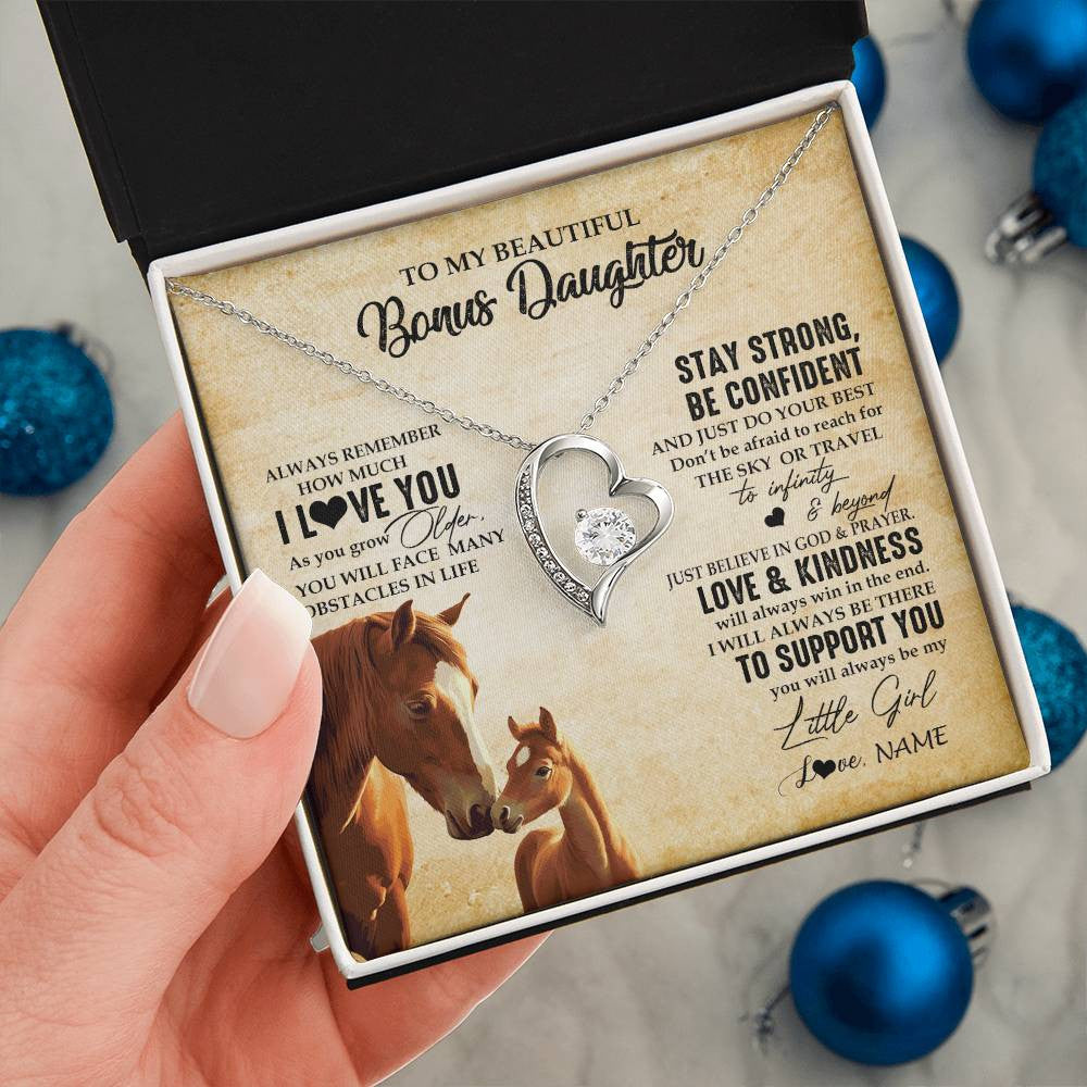 Forever Love Necklace 14K White Gold Finish | 2 | Personalized To My Bonus Daughter Necklace From Stepdad Mom Always Remember I Love You Horse Stepddaughter Birthday Christmas Customized Gift Box Message Card | siriusteestore