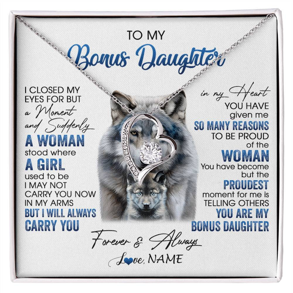 Forever Love Necklace 14K White Gold Finish | 1 | Personalized To My Bonus Daughter Necklace From Stepdad Mom I Close My Eyes For But A Moment Wolf Birthday Gifts Christmas Customized Gift Box Message Card | siriusteestore