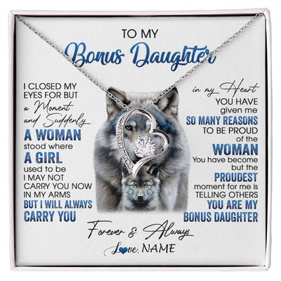 Forever Love Necklace 14K White Gold Finish | 1 | Personalized To My Bonus Daughter Necklace From Stepdad Mom I Close My Eyes For But A Moment Wolf Birthday Gifts Christmas Customized Gift Box Message Card | siriusteestore