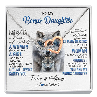 Interlocking Hearts Necklace Stainless Steel & Rose Gold Finish | 1 | Personalized To My Bonus Daughter Necklace From Stepdad Mom I Close My Eyes For But A Moment Wolf Birthday Gifts Christmas Customized Gift Box Message Card | siriusteestore