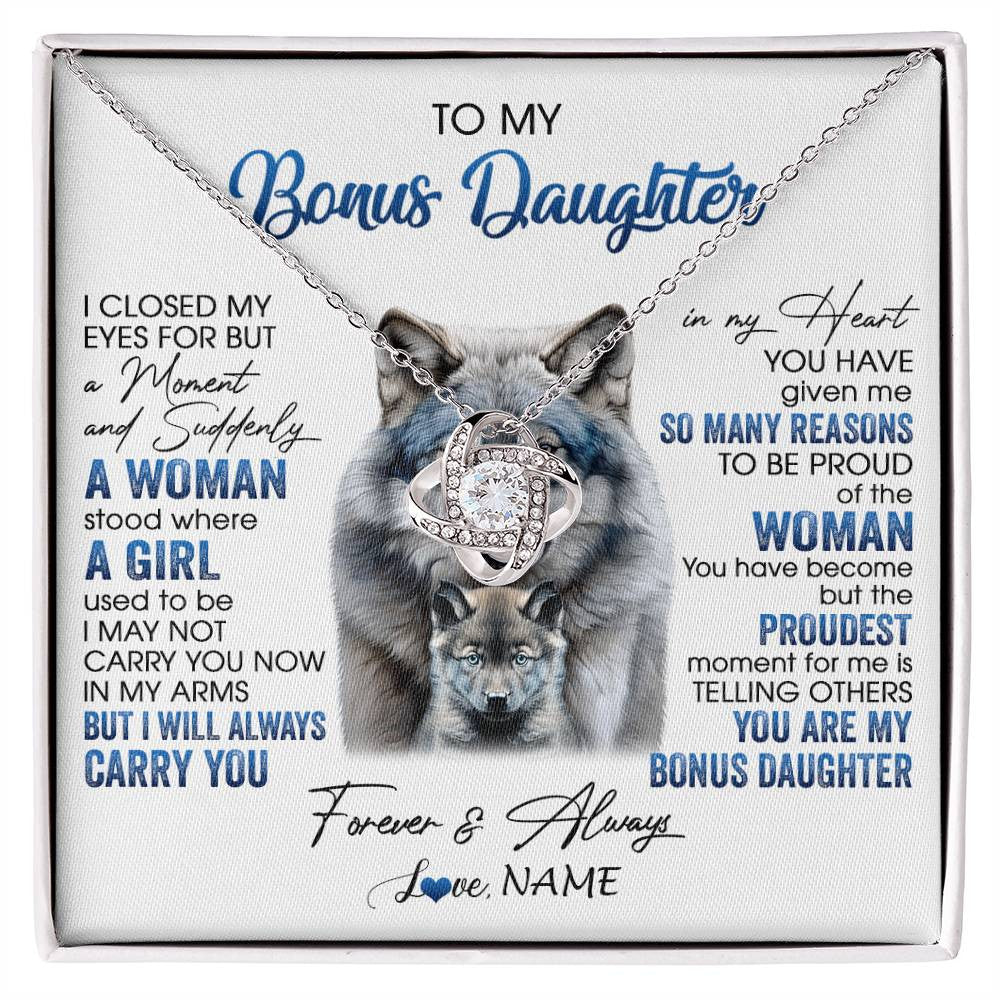 Love Knot Necklace 14K White Gold Finish | 1 | Personalized To My Bonus Daughter Necklace From Stepdad Mom I Close My Eyes For But A Moment Wolf Birthday Gifts Christmas Customized Gift Box Message Card | siriusteestore