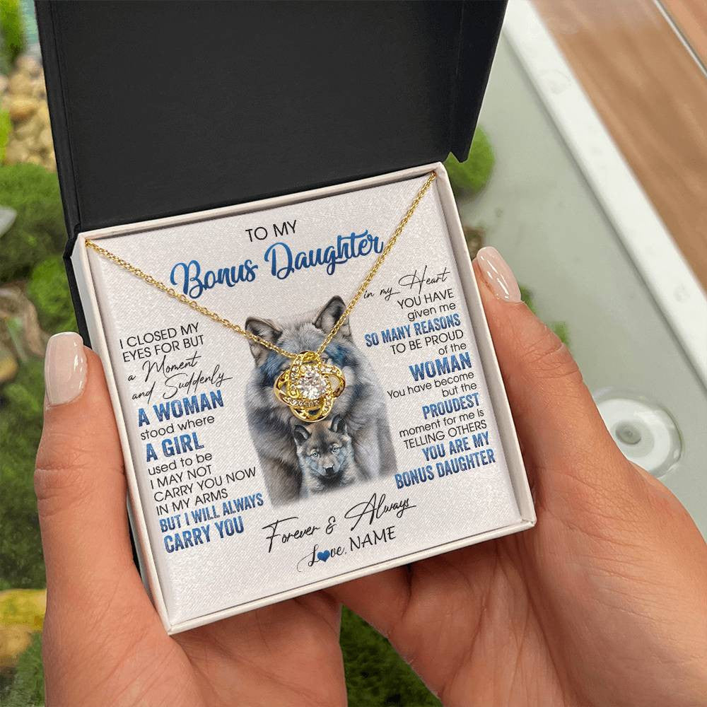 Love Knot Necklace 18K Yellow Gold Finish | 2 | Personalized To My Bonus Daughter Necklace From Stepdad Mom I Close My Eyes For But A Moment Wolf Birthday Gifts Christmas Customized Gift Box Message Card | siriusteestore