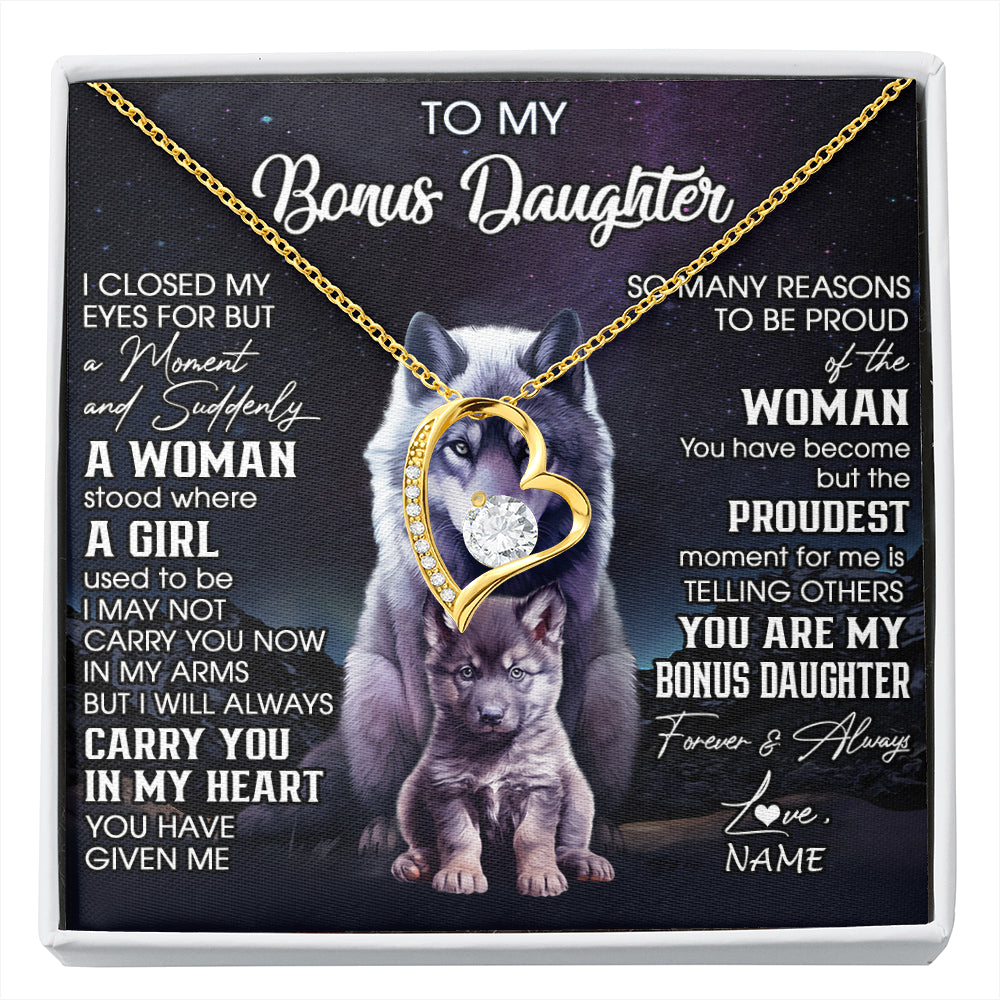 Forever Love Necklace 18K Yellow Gold Finish | 1 | Personalized To My Bonus Daughter Necklace From Stepdad Mom I Close My Eyes Wolf Birthday Gifts Jewelry Graduation Christmas Customized Gift Box Message Card | siriusteestore