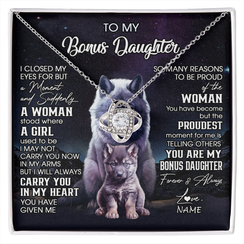 Love Knot Necklace 14K White Gold Finish | 1 | Personalized To My Bonus Daughter Necklace From Stepdad Mom I Close My Eyes Wolf Birthday Gifts Jewelry Graduation Christmas Customized Gift Box Message Card | siriusteestore