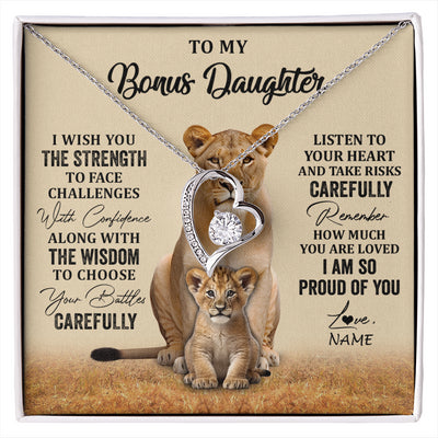 Forever Love Necklace 14K White Gold Finish | 1 | Personalized To My Bonus Daughter Necklace From Stepdad Mom I Wish You The Strength Lion Stepddaughter Birthday Christmas Customized Gift Box Message Card | siriusteestore