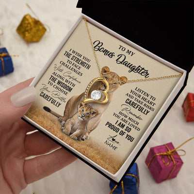 Forever Love Necklace 18K Yellow Gold Finish | 2 | Personalized To My Bonus Daughter Necklace From Stepdad Mom I Wish You The Strength Lion Stepddaughter Birthday Christmas Customized Gift Box Message Card | siriusteestore