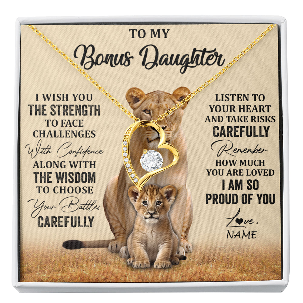 Forever Love Necklace 18K Yellow Gold Finish | 1 | Personalized To My Bonus Daughter Necklace From Stepdad Mom I Wish You The Strength Lion Stepddaughter Birthday Christmas Customized Gift Box Message Card | siriusteestore