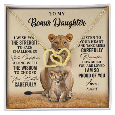 Interlocking Hearts Necklace 18K Yellow Gold Finish | 1 | Personalized To My Bonus Daughter Necklace From Stepdad Mom I Wish You The Strength Lion Stepddaughter Birthday Christmas Customized Gift Box Message Card | siriusteestore