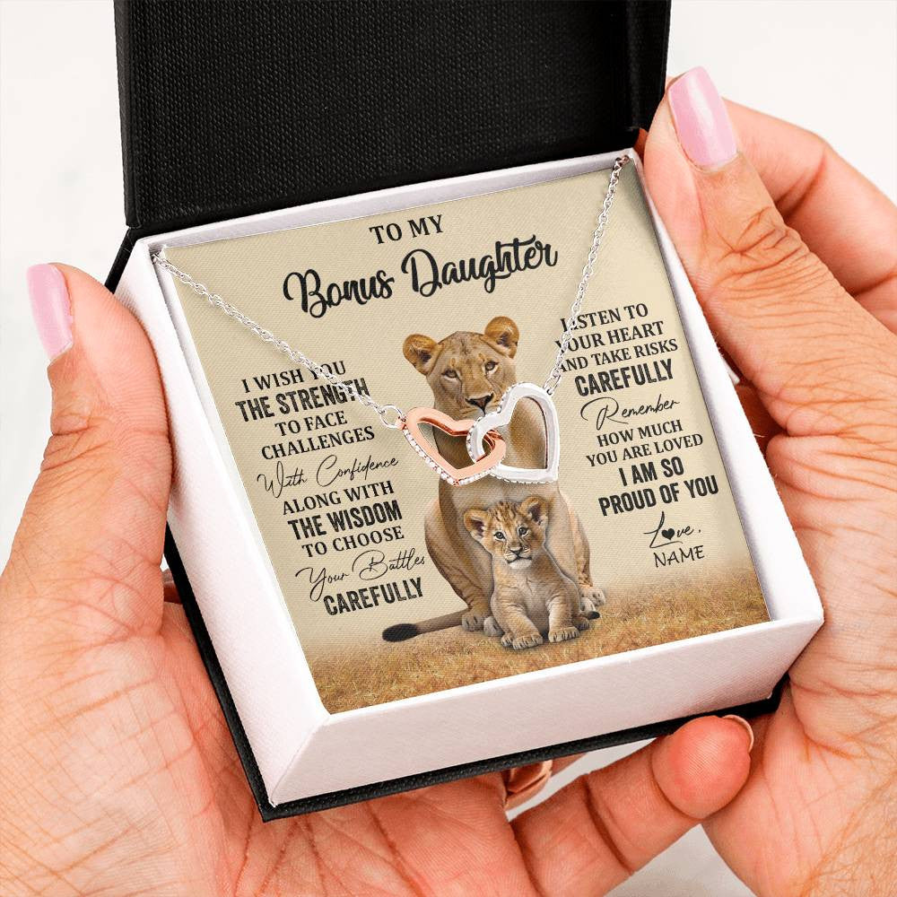 Interlocking Hearts Necklace Stainless Steel & Rose Gold Finish | 2 | Personalized To My Bonus Daughter Necklace From Stepdad Mom I Wish You The Strength Lion Stepddaughter Birthday Christmas Customized Gift Box Message Card | siriusteestore