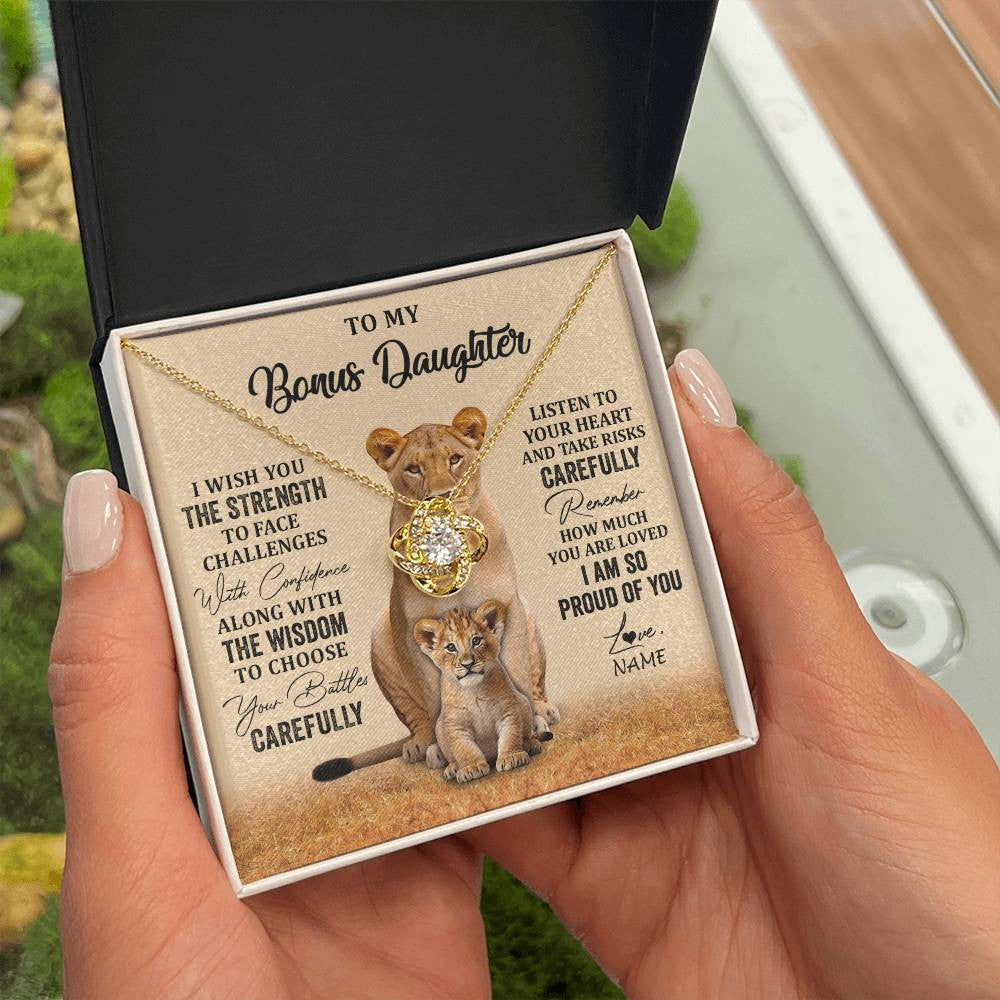 Love Knot Necklace 18K Yellow Gold Finish | 2 | Personalized To My Bonus Daughter Necklace From Stepdad Mom I Wish You The Strength Lion Stepddaughter Birthday Christmas Customized Gift Box Message Card | siriusteestore