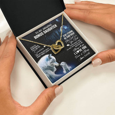 Interlocking Hearts Necklace 18K Yellow Gold Finish | 2 | Personalized To My Bonus Daughter Necklace From Stepdad Mom Moon Wolf Stepddaughter Birthday Gifts Jewelry Christmas Customized Gift Box Message Card | siriusteestore