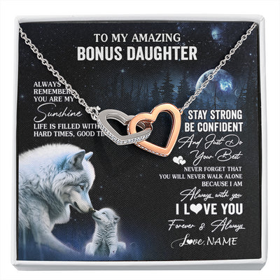 Interlocking Hearts Necklace Stainless Steel & Rose Gold Finish | 1 | Personalized To My Bonus Daughter Necklace From Stepdad Mom Moon Wolf Stepddaughter Birthday Gifts Jewelry Christmas Customized Gift Box Message Card | siriusteestore
