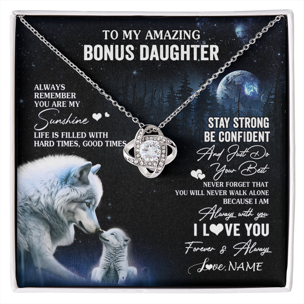 Love Knot Necklace 14K White Gold Finish | 1 | Personalized To My Bonus Daughter Necklace From Stepdad Mom Moon Wolf Stepddaughter Birthday Gifts Jewelry Christmas Customized Gift Box Message Card | siriusteestore