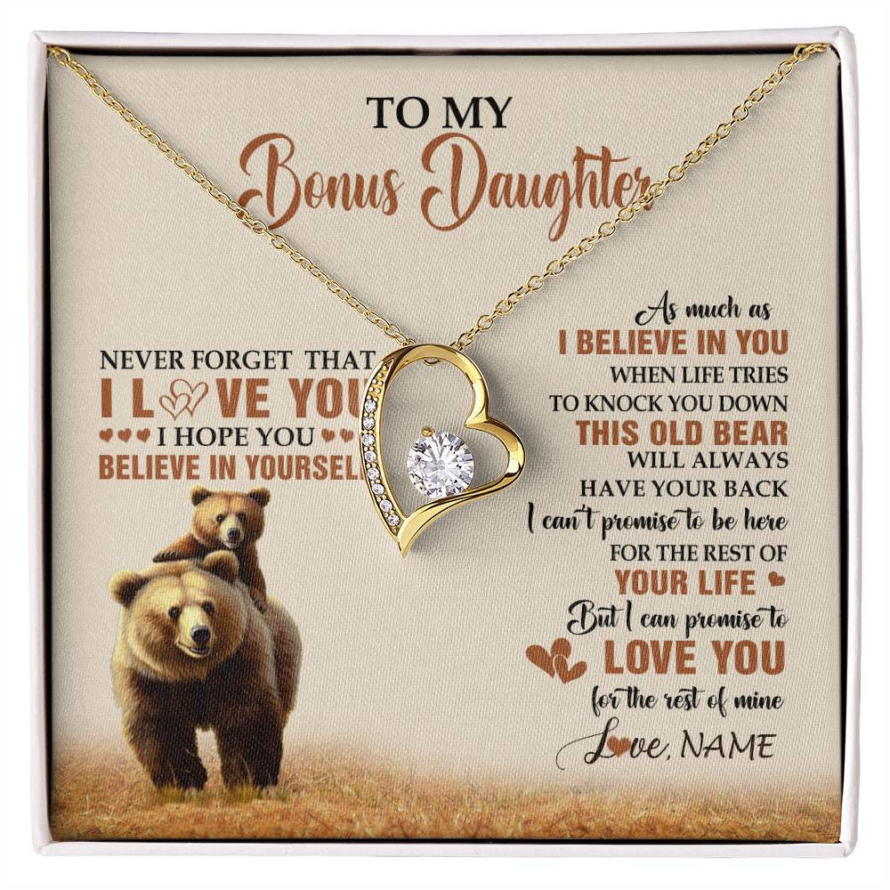 Forever Love Necklace 18K Yellow Gold Finish | 1 | Personalized To My Bonus Daughter Necklace From Stepdad Mom This Old Bear Love You Birthday Jewelry Graduation Christmas Customized Gift Box Message Card | siriusteestore