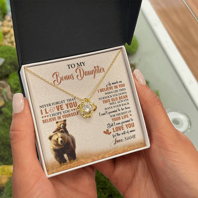 Love Knot Necklace 18K Yellow Gold Finish | 2 | Personalized To My Bonus Daughter Necklace From Stepdad Mom This Old Bear Love You Birthday Jewelry Graduation Christmas Customized Gift Box Message Card | siriusteestore
