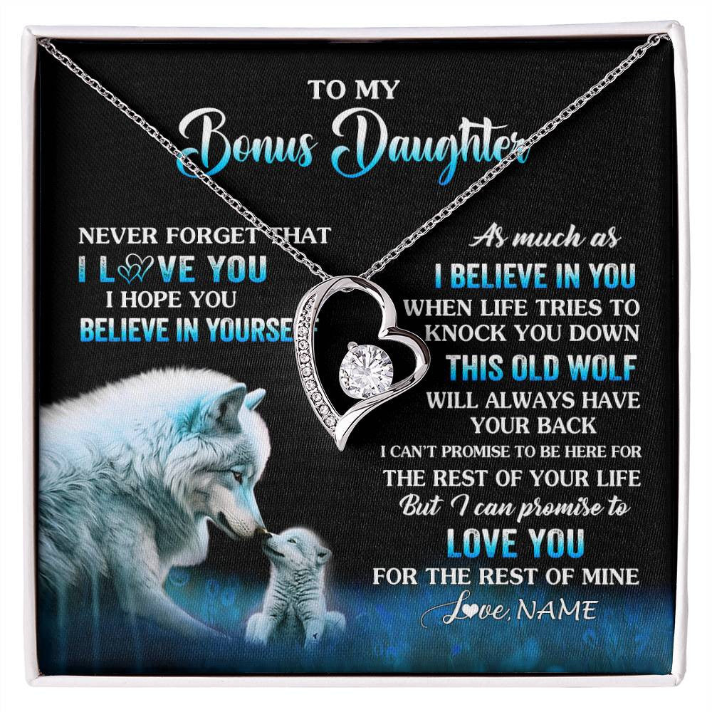 Forever Love Necklace 14K White Gold Finish | 1 | Personalized To My Bonus Daughter Necklace From Stepdad Mom This Old Wolf Love Birthday Gifts Jewelry Graduation Christmas Customized Gift Box Message Card | siriusteestore