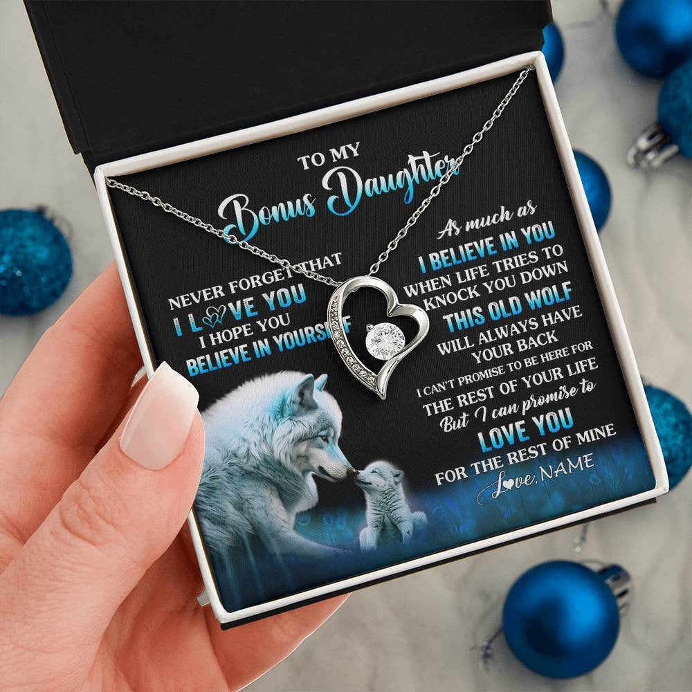Forever Love Necklace 14K White Gold Finish | 2 | Personalized To My Bonus Daughter Necklace From Stepdad Mom This Old Wolf Love Birthday Gifts Jewelry Graduation Christmas Customized Gift Box Message Card | siriusteestore