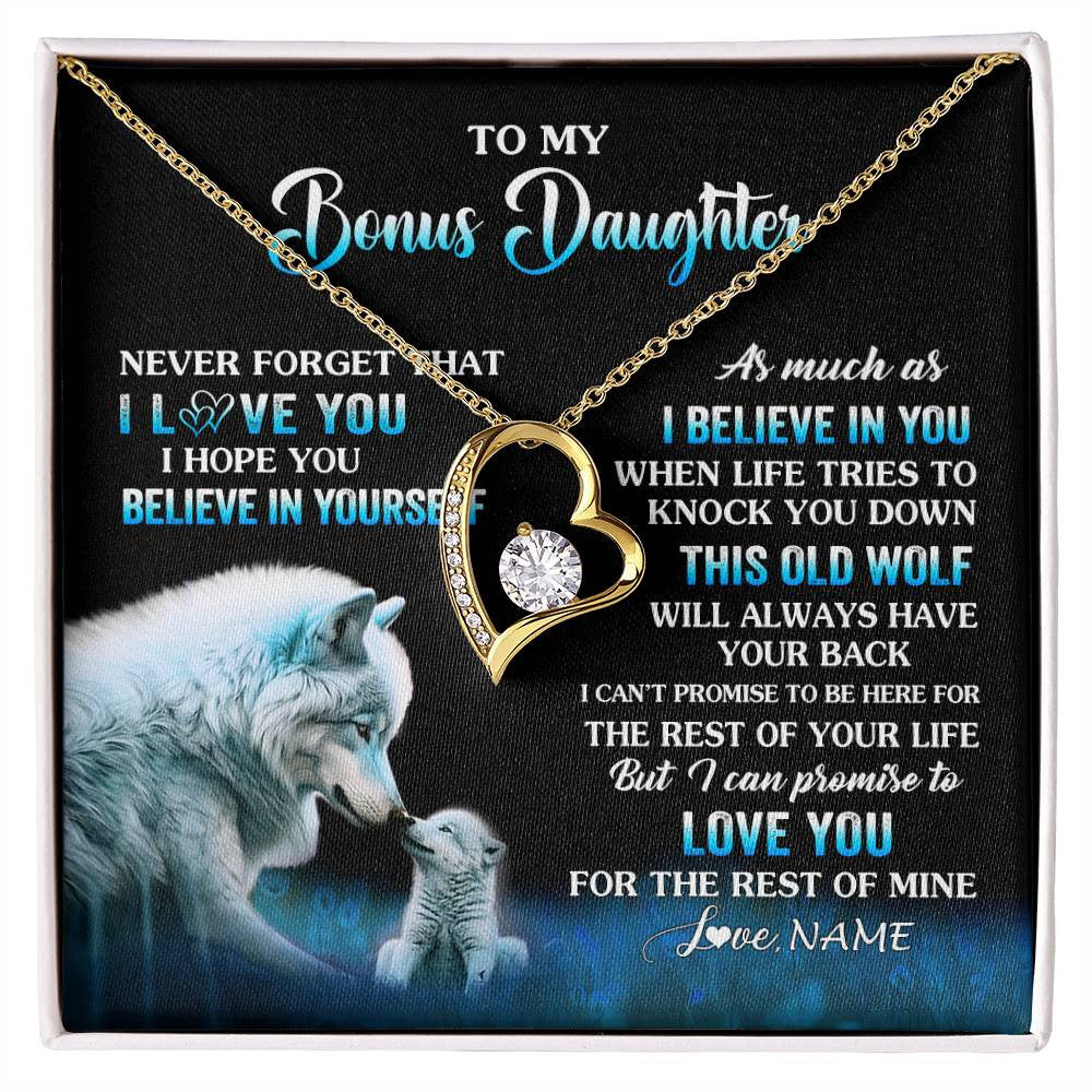 Forever Love Necklace 18K Yellow Gold Finish | 1 | Personalized To My Bonus Daughter Necklace From Stepdad Mom This Old Wolf Love Birthday Gifts Jewelry Graduation Christmas Customized Gift Box Message Card | siriusteestore